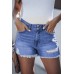Sky Blue Distressed Raw Hem Buttons Denim Shorts with Pockets