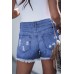 Sky Blue Distressed Raw Hem Buttons Denim Shorts with Pockets