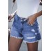 Sky Blue Distressed Raw Hem Buttons Denim Shorts with Pockets
