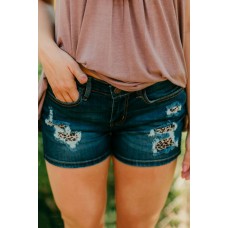 Dark Blue Leopard  Patched Ripped Denim Shorts