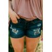 Dark Blue Leopard  Patched Ripped Denim Shorts