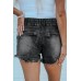 Black Elastic Waist Distressed Raw Hem Denim Shorts