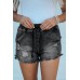 Black Elastic Waist Distressed Raw Hem Denim Shorts
