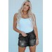 Black Elastic Waist Distressed Raw Hem Denim Shorts