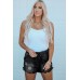 Black Elastic Waist Distressed Raw Hem Denim Shorts