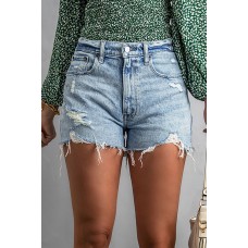 Sky Blue Frayed Slim-fit High Waist Denim Shorts
