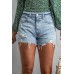 Sky Blue Frayed Slim-fit High Waist Denim Shorts