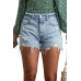 Sky Blue Frayed Slim-fit High Waist Denim Shorts