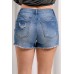 Sky Blue Distressed Frayed Buttons Denim Shorts