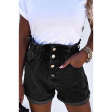 Black Ruffled High Waist Buttoned Denim Shorts
