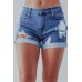 Blue Mid Waist Slim-fit Distressed Denim Shorts