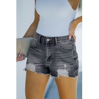 Black Blue Distressed Frayed Denim Shorts