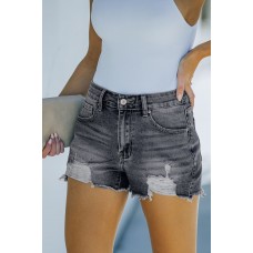 Black Blue Distressed Frayed Denim Shorts