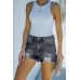 Black Blue Distressed Frayed Denim Shorts