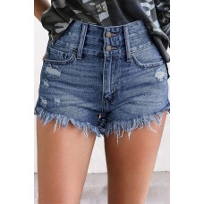 Blue Ripped Tasseled Hem Denim Shorts