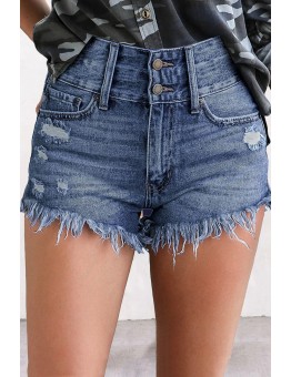 Blue Ripped Tasseled Hem Denim Shorts