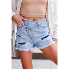 Sky Blue Crossover Ripped Raw Edge Denim Shorts