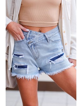 Sky Blue Crossover Ripped Raw Edge Denim Shorts