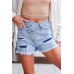 Sky Blue Crossover Ripped Raw Edge Denim Shorts