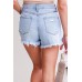 Sky Blue Crossover Ripped Raw Edge Denim Shorts