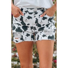 White Cow Spots Print Frayed Denim Shorts