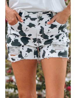 White Cow Spots Print Frayed Denim Shorts