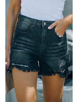 Black High Waist Frayed Denim Shorts