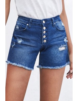 Blue Frayed Hem Single-breasted Ripped Denim Shorts