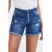 Blue Frayed Hem Single-breasted Ripped Denim Shorts