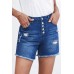 Blue Frayed Hem Single-breasted Ripped Denim Shorts