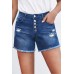 Blue Frayed Hem Single-breasted Ripped Denim Shorts