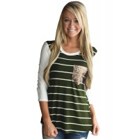 Green White Stripe Sequin Pocket Top