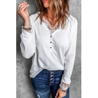Lace Splicing Button V Neck Long Sleeve Top