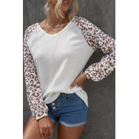 Leopard Raglan Sleeve Knitted V Neck Blouse