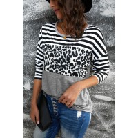 Striped Leopard Block Splicing Long Sleeve Top