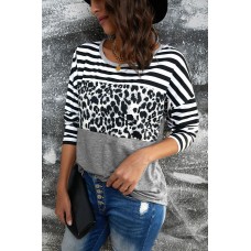 Striped Leopard Block Splicing Long Sleeve Top