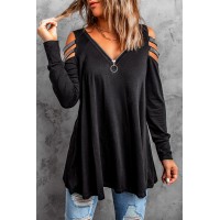 Solid Sequins Cold Shoulder Long Sleeve Top