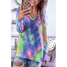Blue Tie-dye V Neck Long Sleeves Top