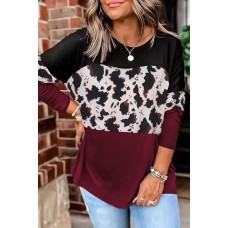 Cow Print Color Block Long Sleeve Blouse