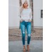Striped Lace Buttons Splicing Long Sleeve Top