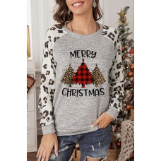 Christmas Plaid Leopard Letter Print Long Sleeve Top