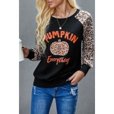 Halloween Leopard Pumpkin Print Long Sleeve Crew Neck Top