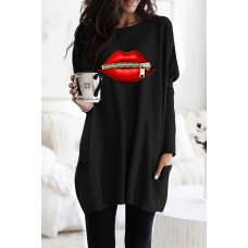 Black Oversize Zipped Red Lips Long Sleeve Top with Pockets