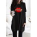Black Oversize Zipped Red Lips Long Sleeve Top with Pockets