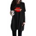 Black Oversize Zipped Red Lips Long Sleeve Top with Pockets