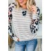 Gray Ombre Leopard Print Stripe Splice Long Sleeve Top