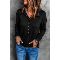 Black Button Front Turn-down Neck Knit Top