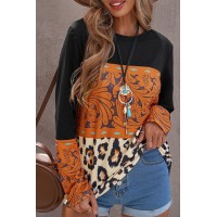 Black Leopard Tribal Print Splicing Long Sleeve Top