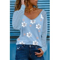 Sky Blue Daisy Print Mesh Patchwork Long Sleeve Top