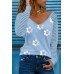 Sky Blue Daisy Print Mesh Patchwork Long Sleeve Top